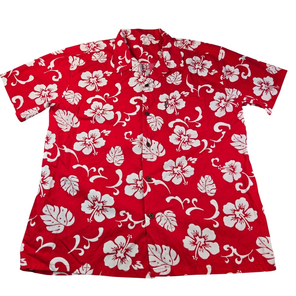 Palmwave Hawaii Men's Size 2XL Red White Hibiscus Floral Cotton Aloha Camp Shirt